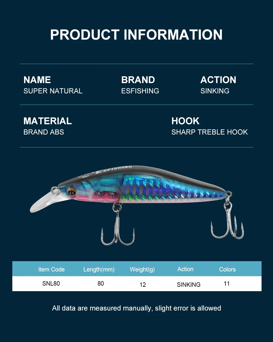 ESFISHING leurre Souple señuelo de pesca que se hunde Minnow Super Natural 80mm 12g cebo Wobbler para anzuelo de pescado profesional acción perfecta - imagen 2