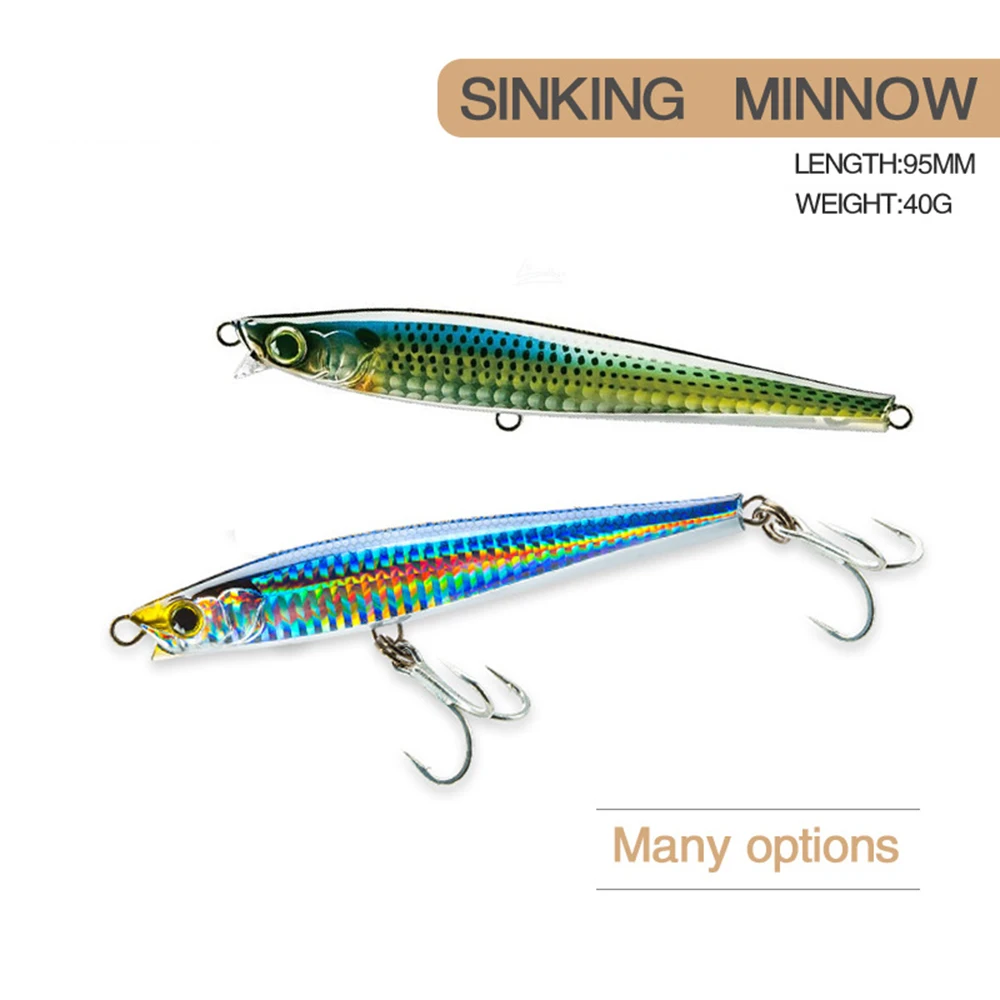 Señuelo de pesca Wobbler de pececillo, Jerkbait de hundimiento de fundición larga de gran tamaño, cebo duro Artificial, cebo de lubina para pesca en el océano, 9,5 cm, 40g - imagen 2