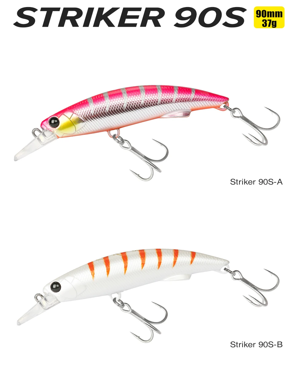 Se muestra un señuelo de pescado rosa y blanco en un fondo blanco.