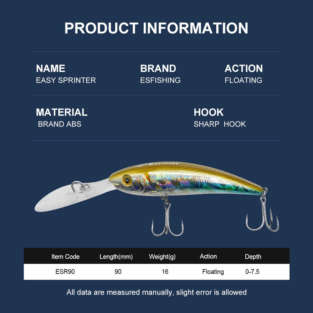 ESFISHING-cebo duro de pesca wobbler, 90mm, Easy Sprinter, pececillo de fundición larga para Lucio, trucha, perca - imagen 4