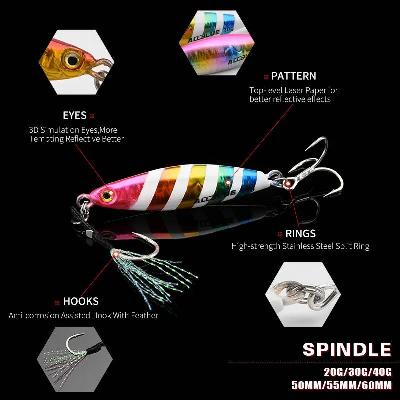 Plantilla de Metal de fundición de ALLBLUE SPINDLE, 20G, 30G, 40G, cuchara de Jigging fundida en la orilla, señuelo de pesca de lubina, cebo Artificial, aparejos giratorios - imagen 3