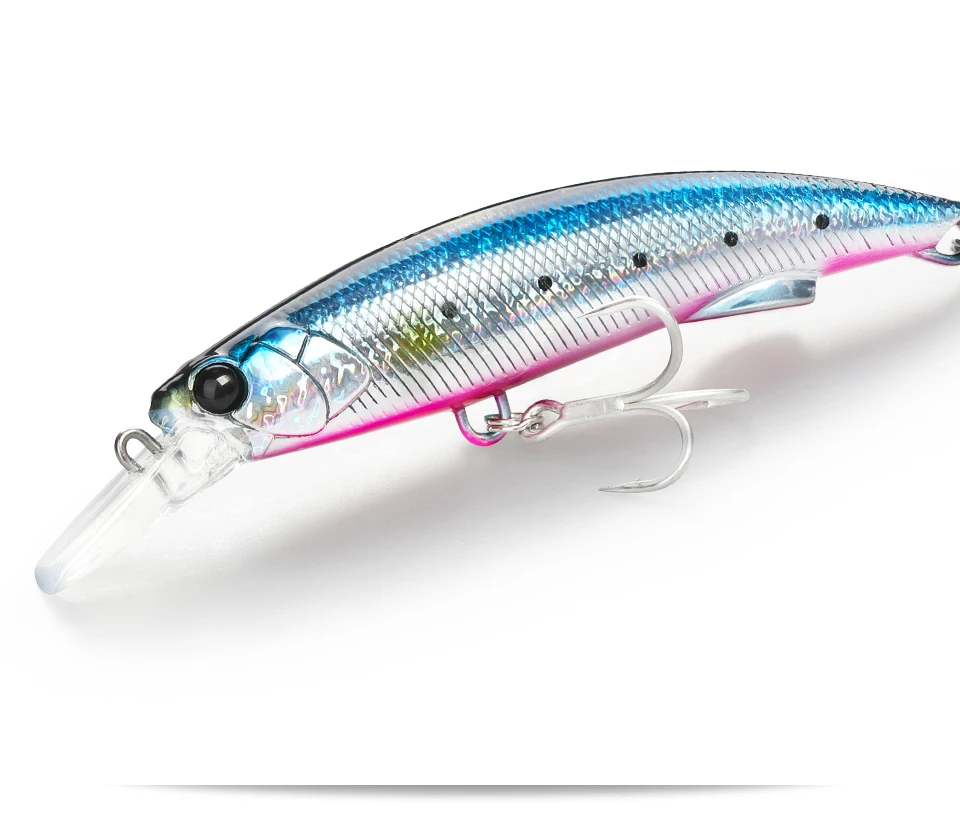 Un señuelo de pesca con un cuerpo azul y rosa