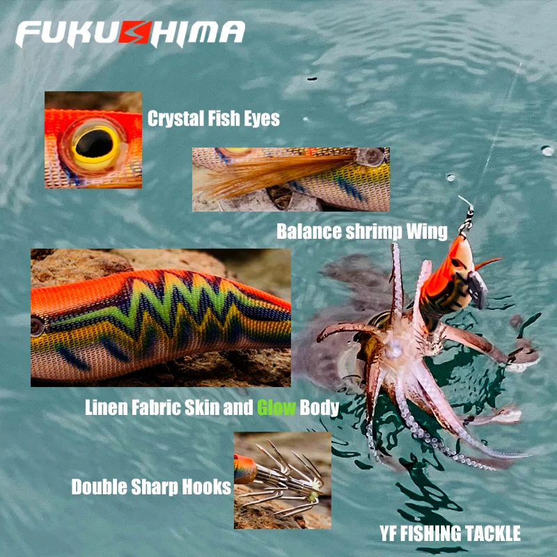 FUKUSHIMA 3,5 calamar JIGS GLOW EGI señuelo pesca de madera SHRIMP BAIT SHARP ganchos 21 gramos corte octopus barco y pesca en roca - imagen 5