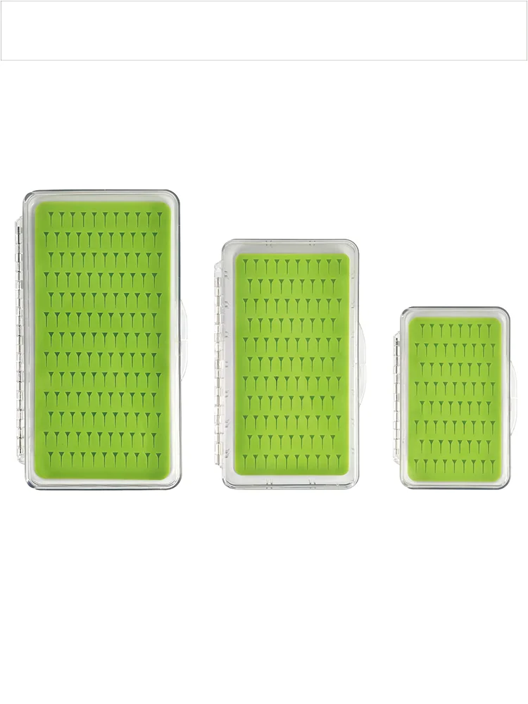 Caja de plástico transparente súper delgada con inserto silicona para pesca con mosca