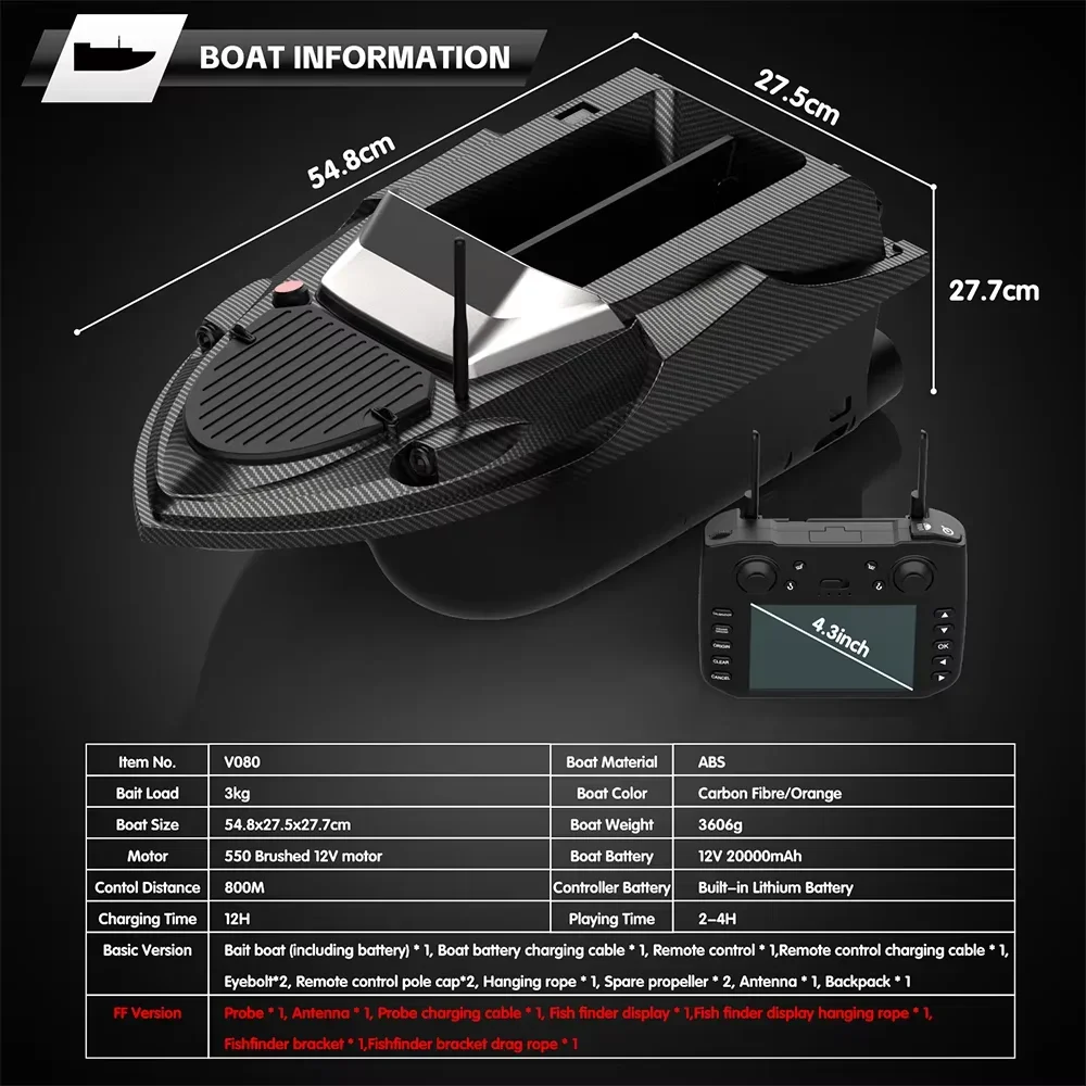 Vista frontal del barco cebador Sonar V080 mostrando su diseño aerodinámico y luces de navegación