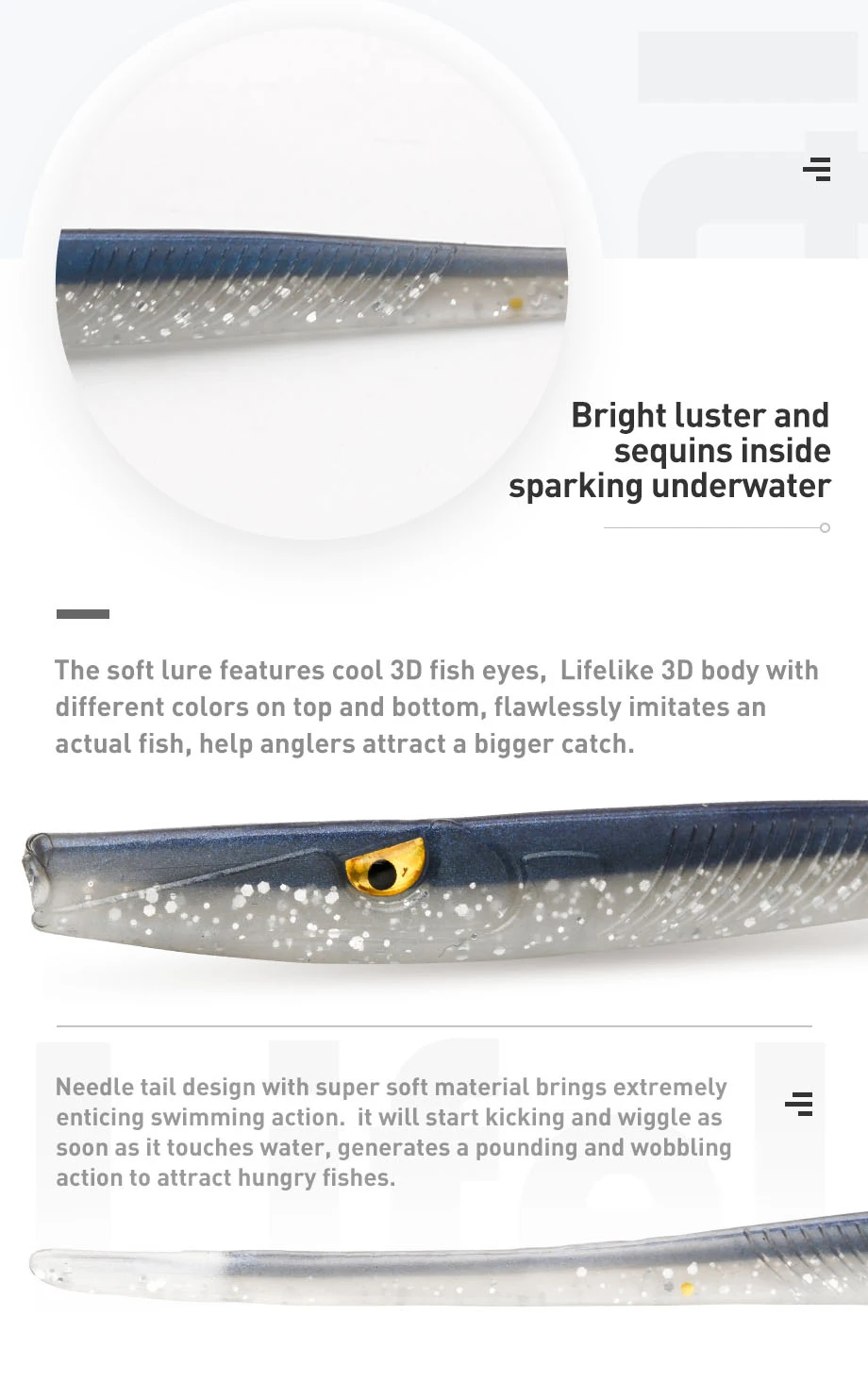 Vista lateral del señuelo mostrando reflejos dorados