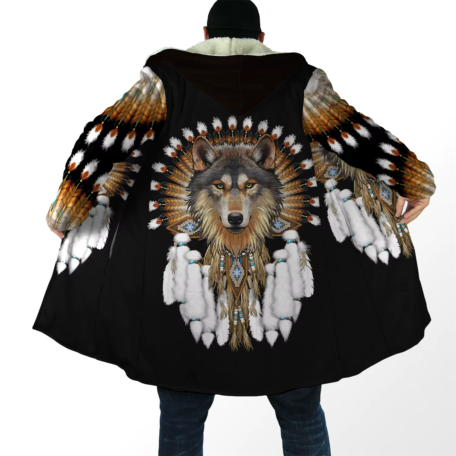 Abrigo invernal con capucha de lana y estampado tribal lobo