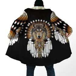 Abrigo invernal con capucha de lana y estampado tribal lobo