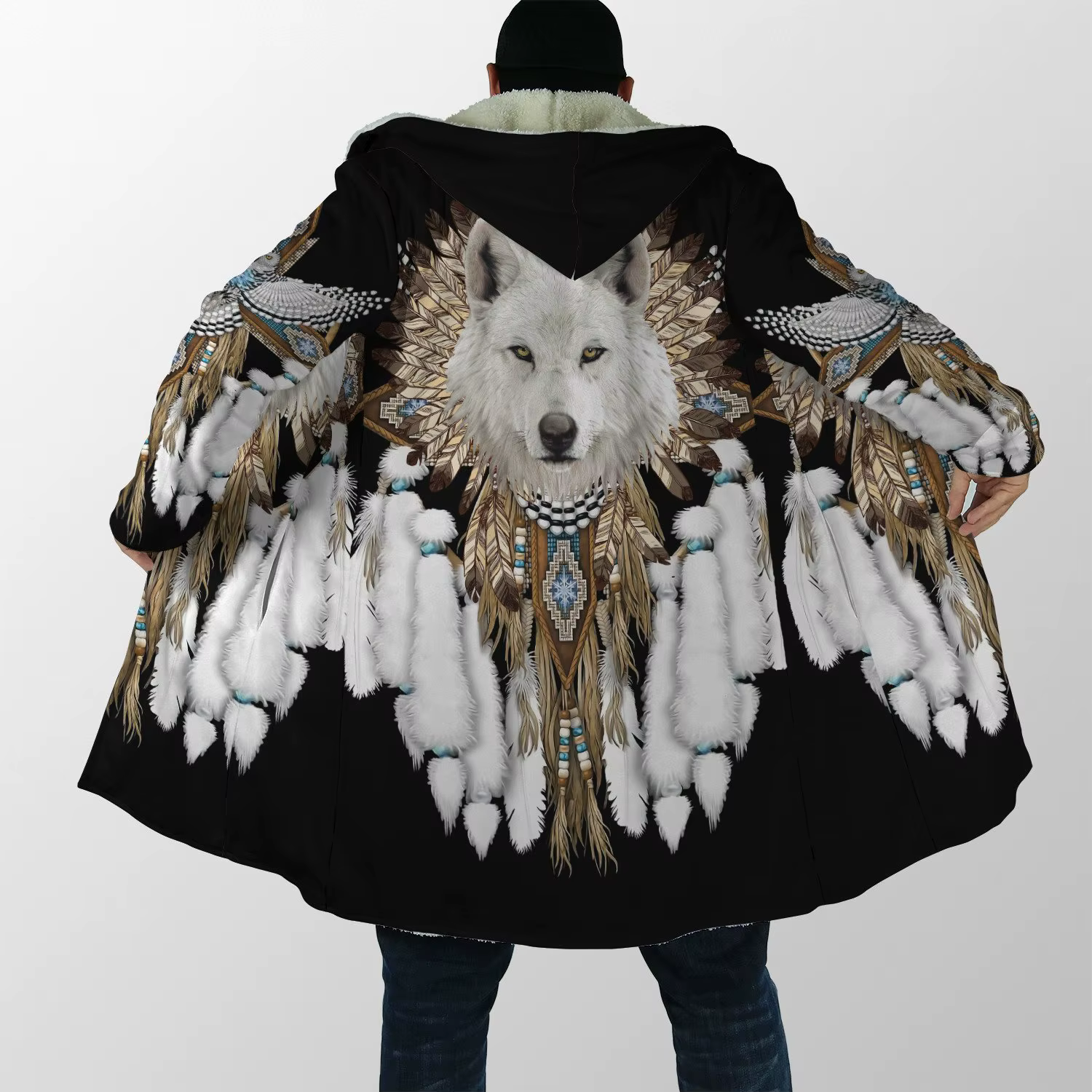 Abrigo invernal con capucha de lana y estampado tribal lobo - imagen 2