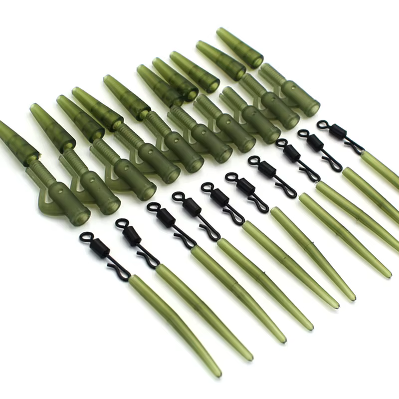 Accesorios pesca carpa clip plomo, cola giratoria y mangas antienredos