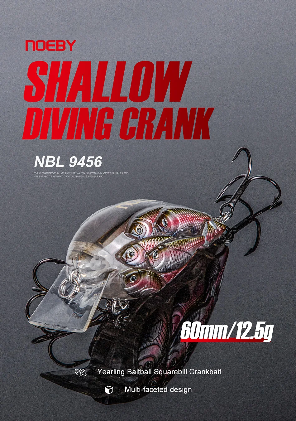 Vista lateral del crankbait mostrando su acabado brillante y las bolas internas