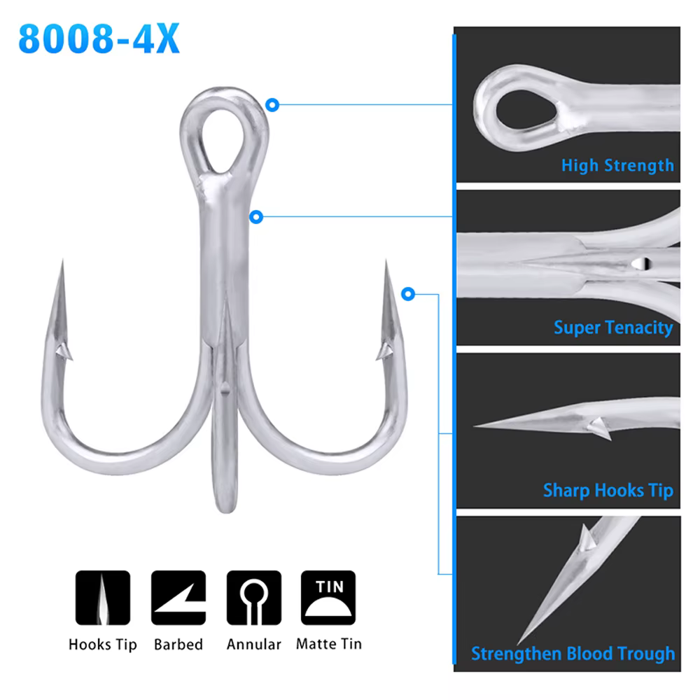 Anzuelos Treble Carbono Mate Alta Resistencia 4X Agua Salada