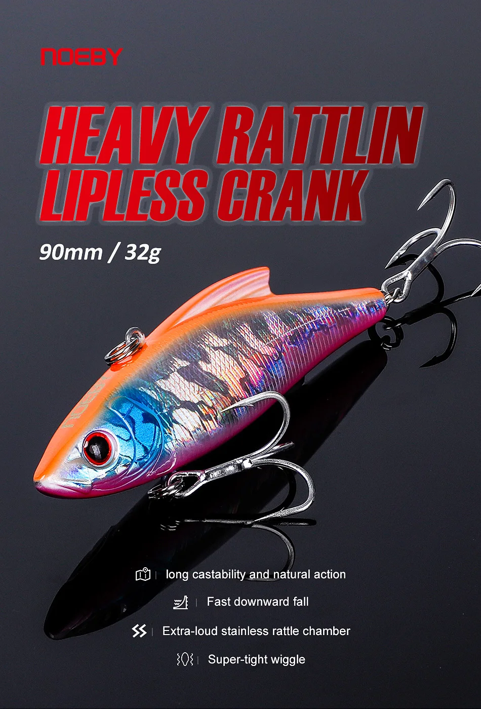 Vista lateral del señuelo Noeby Rattling mostrando su forma compacta y colores vivos