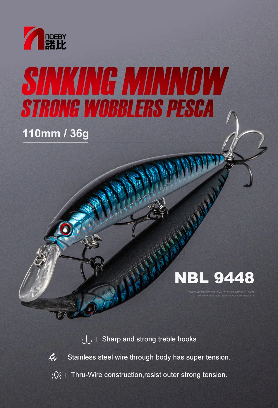 Vista frontal del señuelo NOEBY Jerkbait Minnow 110mm