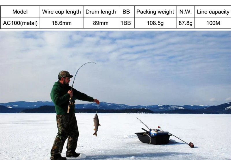 Mini carrete portátil de pesca en hielo en uso