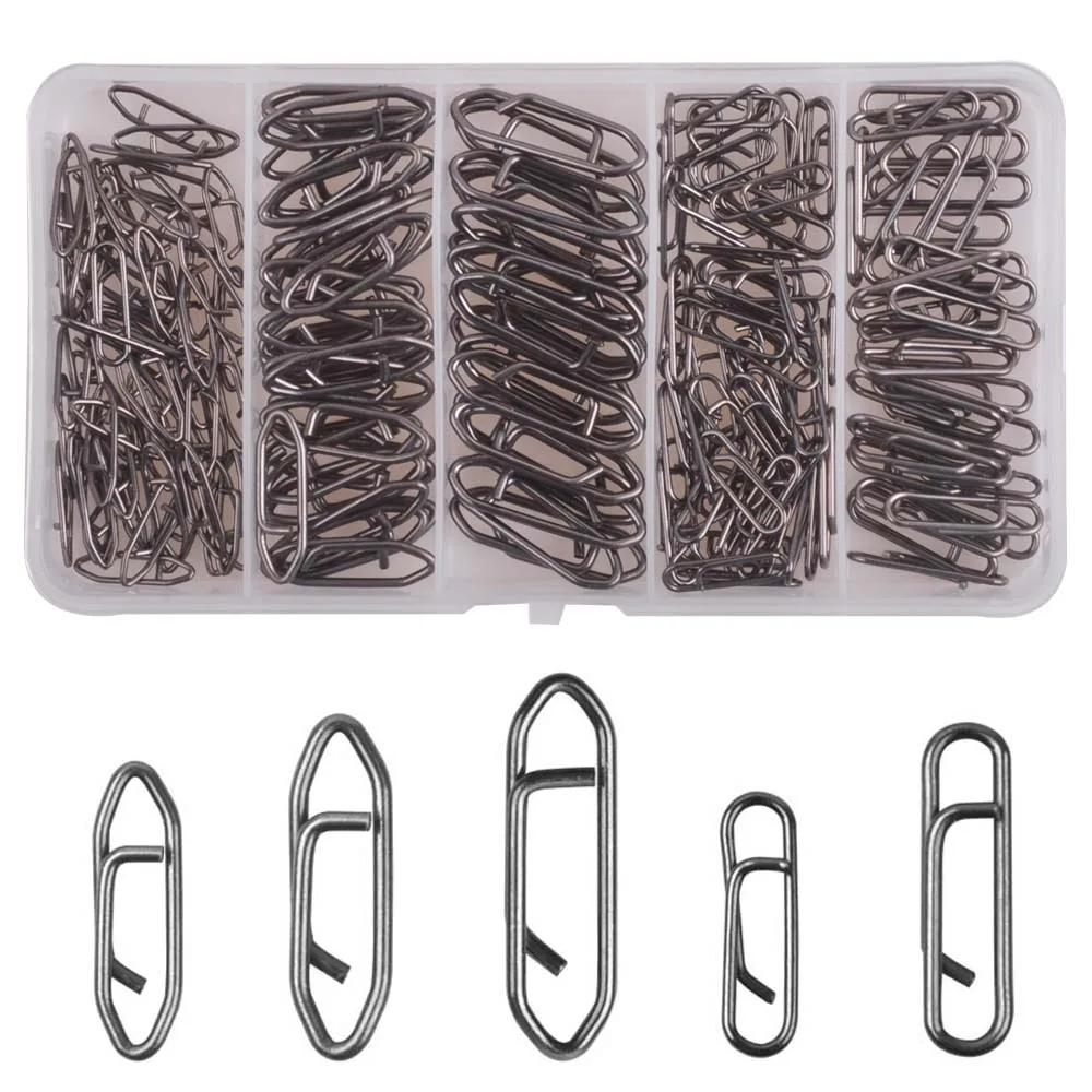 Clips de pesca rápidos de acero inoxidable organizados en caja