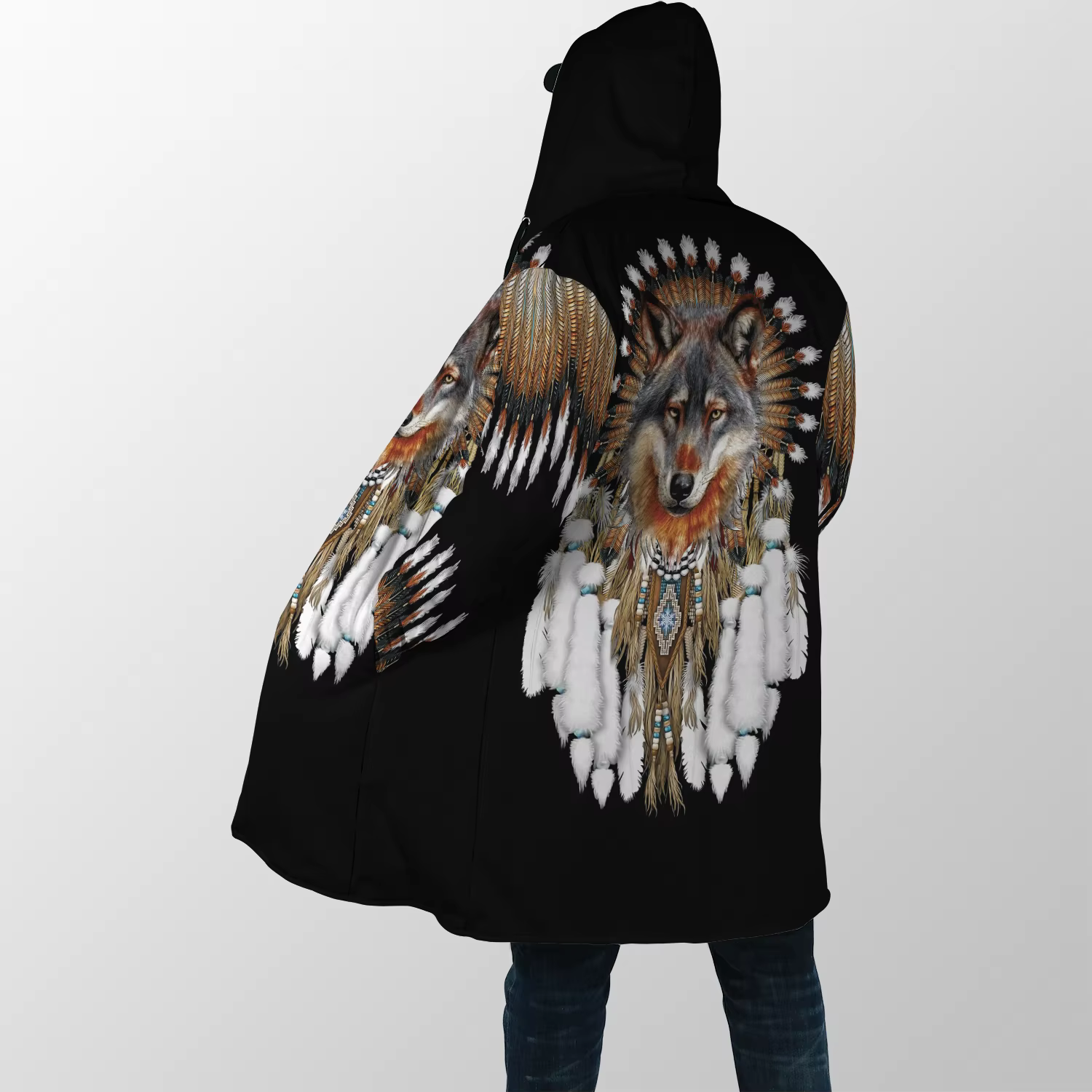 Abrigo invernal con capucha de lana y estampado tribal lobo - imagen 4