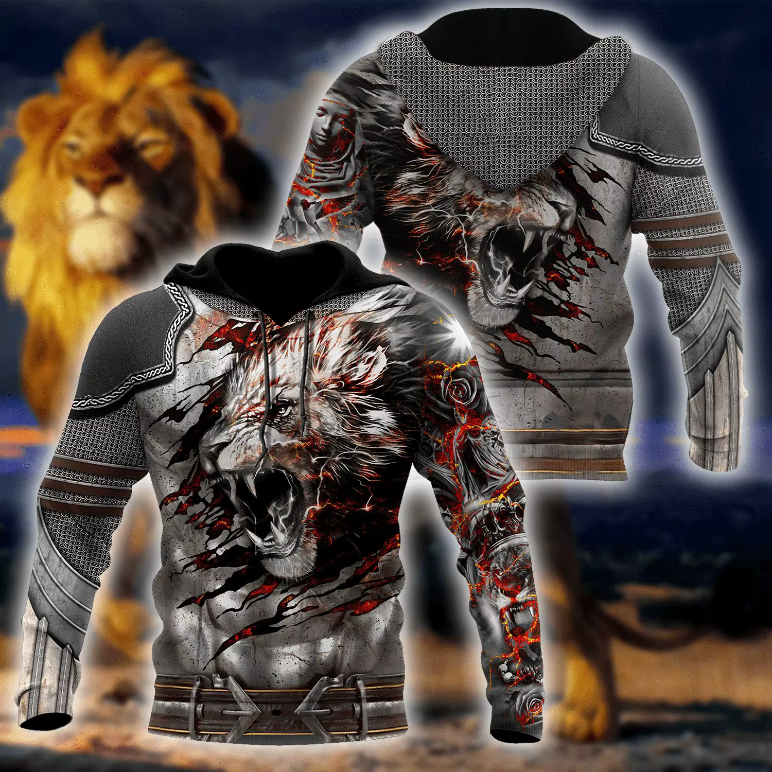 Sudadera con capucha unisex León Amor - Estampación 3D con cremallera - imagen 3