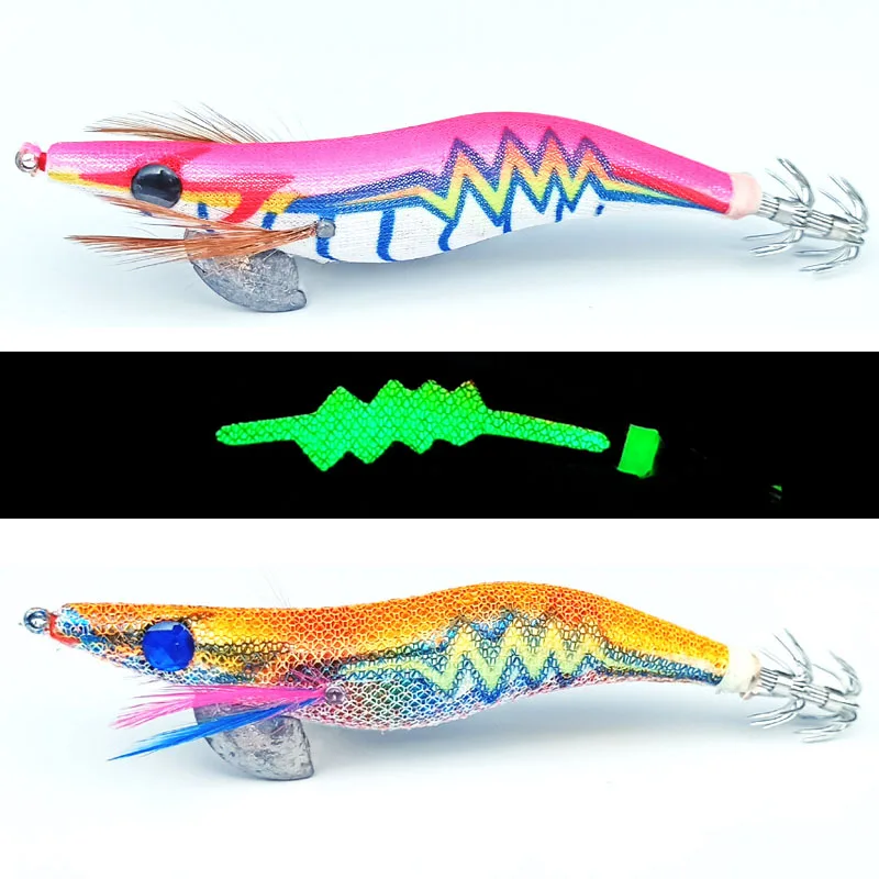 Jig luminoso para calamares, forma de gamba y cuerpo luminiscente