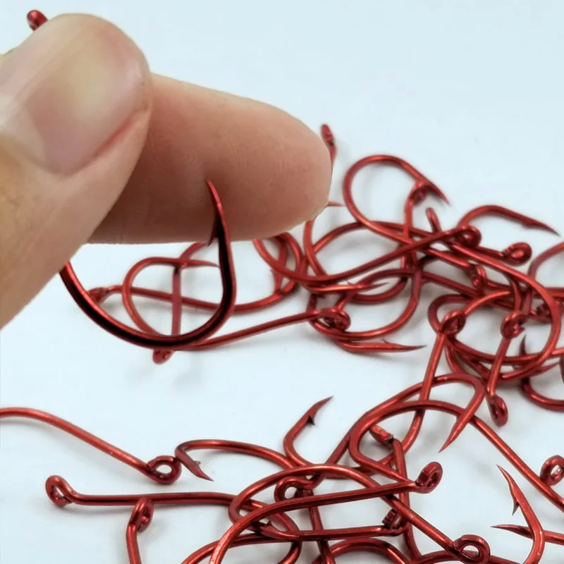 Anzuelo de pesca rojo con púas: acero al carbono, boca curva - imagen 3