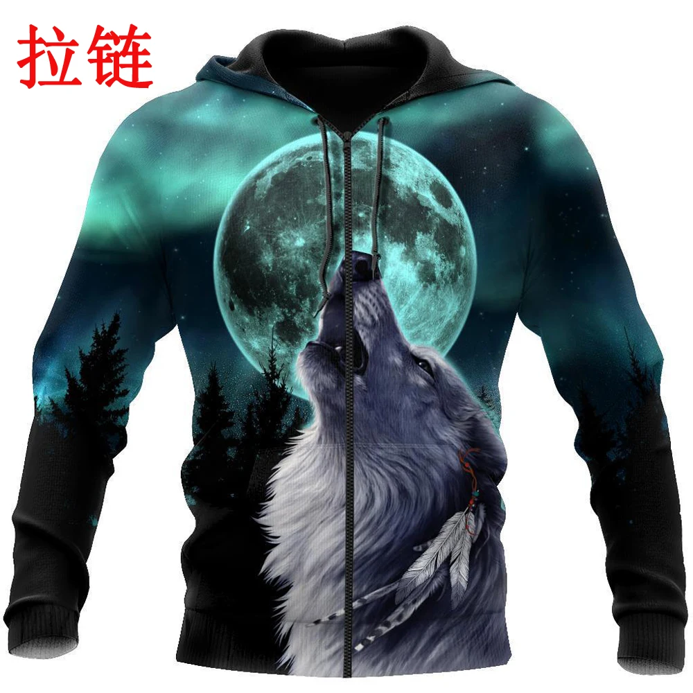 Sudadera con capucha 3D lobo y luna – estilo urbano unisex - imagen 4