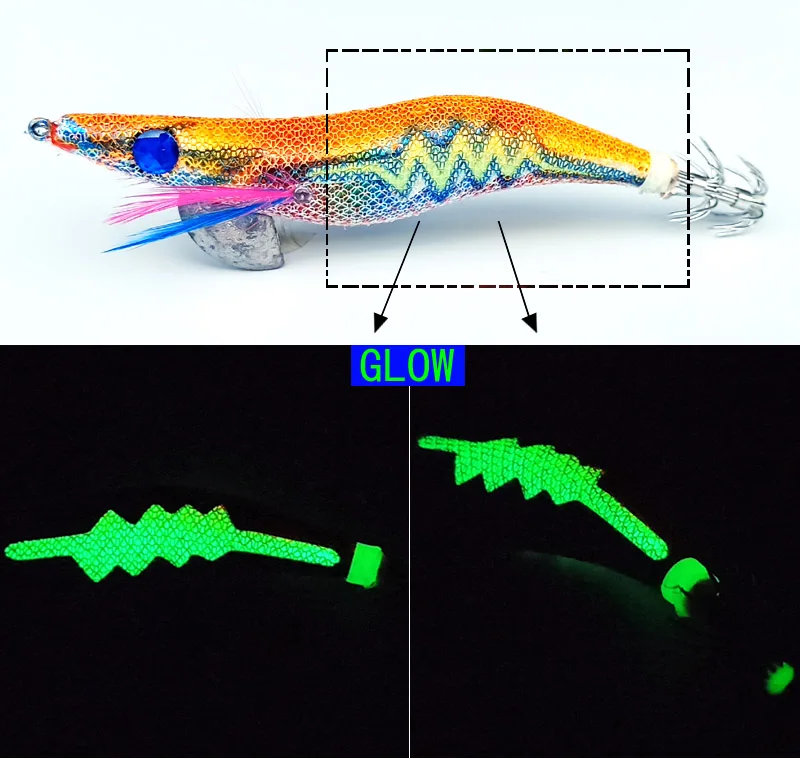 Jig luminoso para calamares y pulpos con camarón de madera - imagen 3