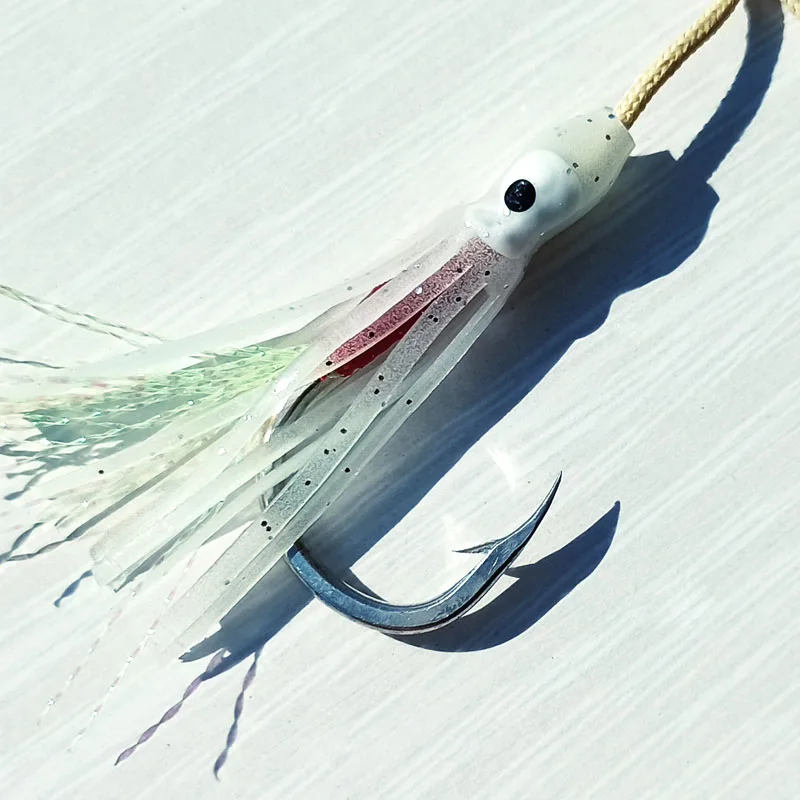 Mustad Inchiku Jig Head Lento con Doble Gancho y Plumas de Asistencia - imagen 3