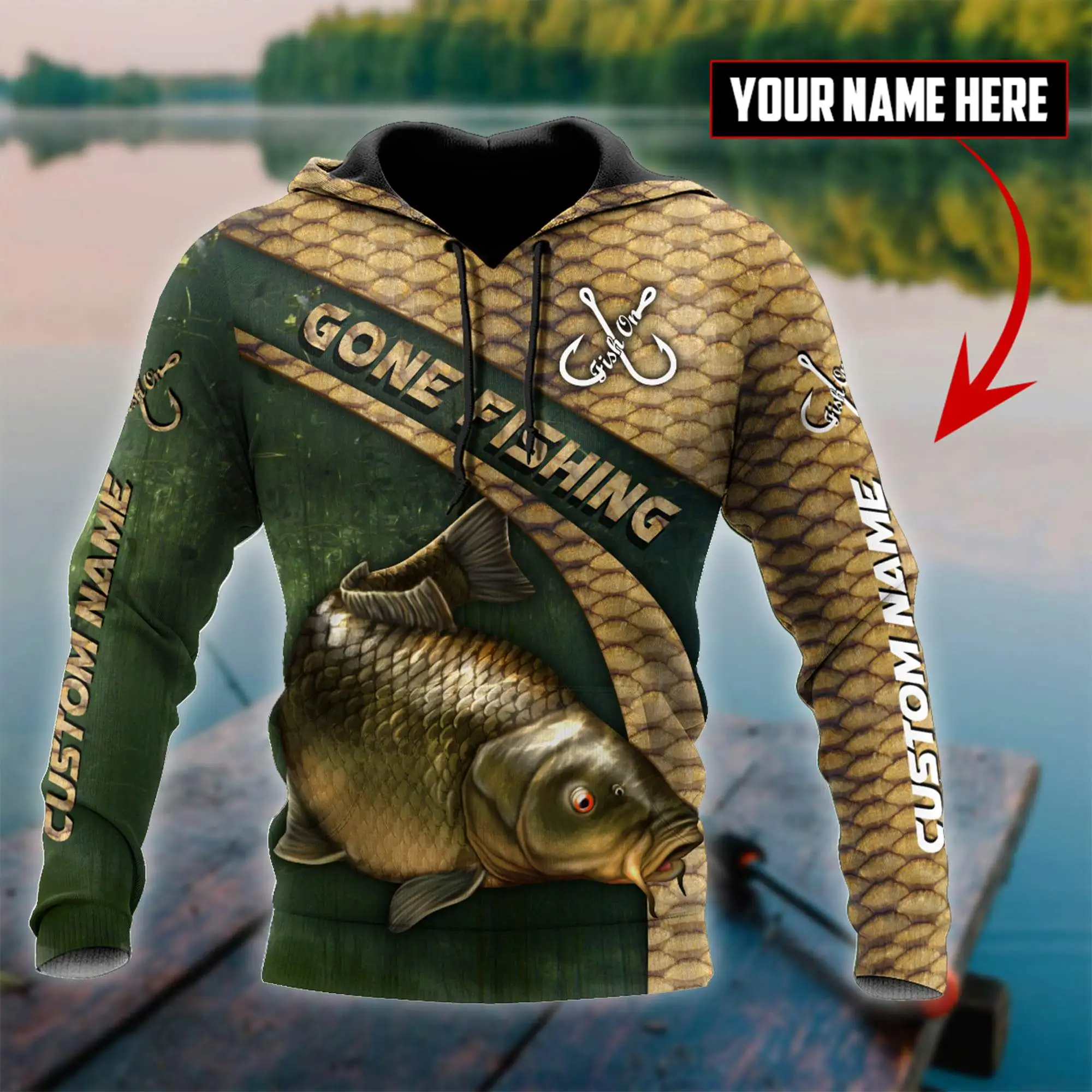 Sudadera camuflaje pesca carpa 3D con nombre hombre cremallera - imagen 3