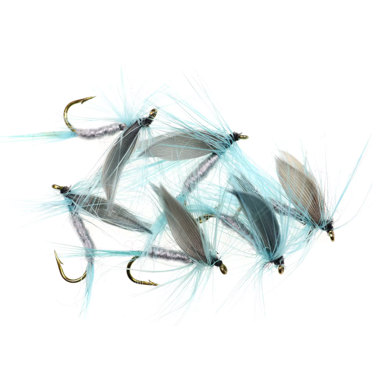 Vista frontal del cebo azul Dun Mayfly