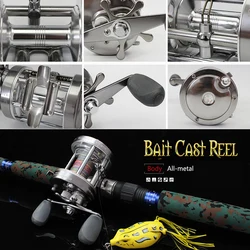 Carrete baitcasting totalmente metálico para agua salada, reforzado