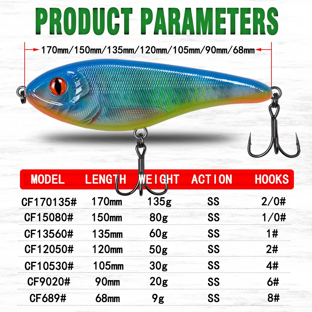 Wobbler CF Musky Pike hundimiento lento con anzuelos - imagen 4