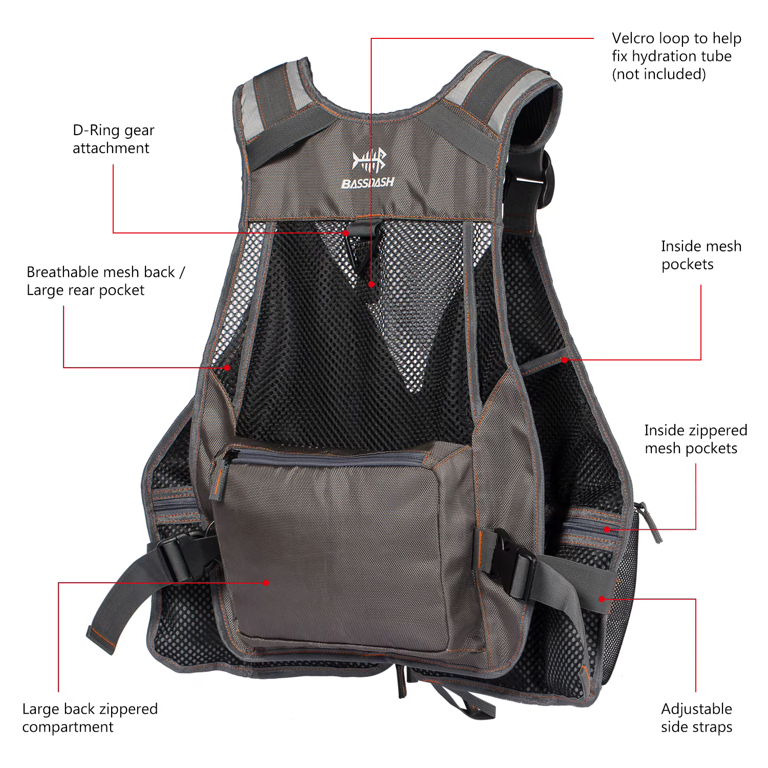 Bassdash Chaleco de pesca ajustable transpirable con seguridad - imagen 3