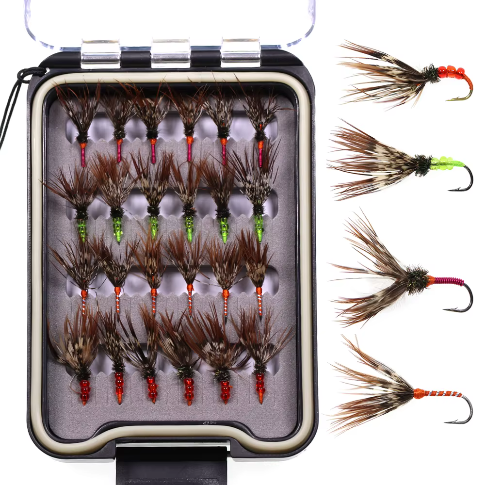 Moscas Tenkara Kebari en su caja impermeable