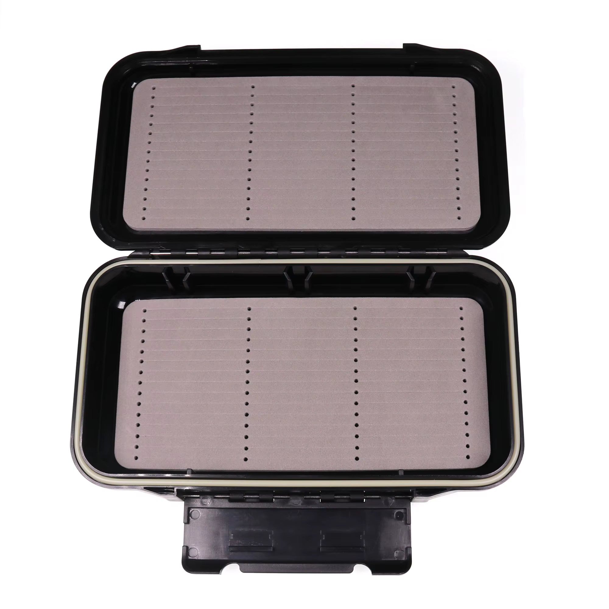 Caja abierta mostrando moscas organizadas