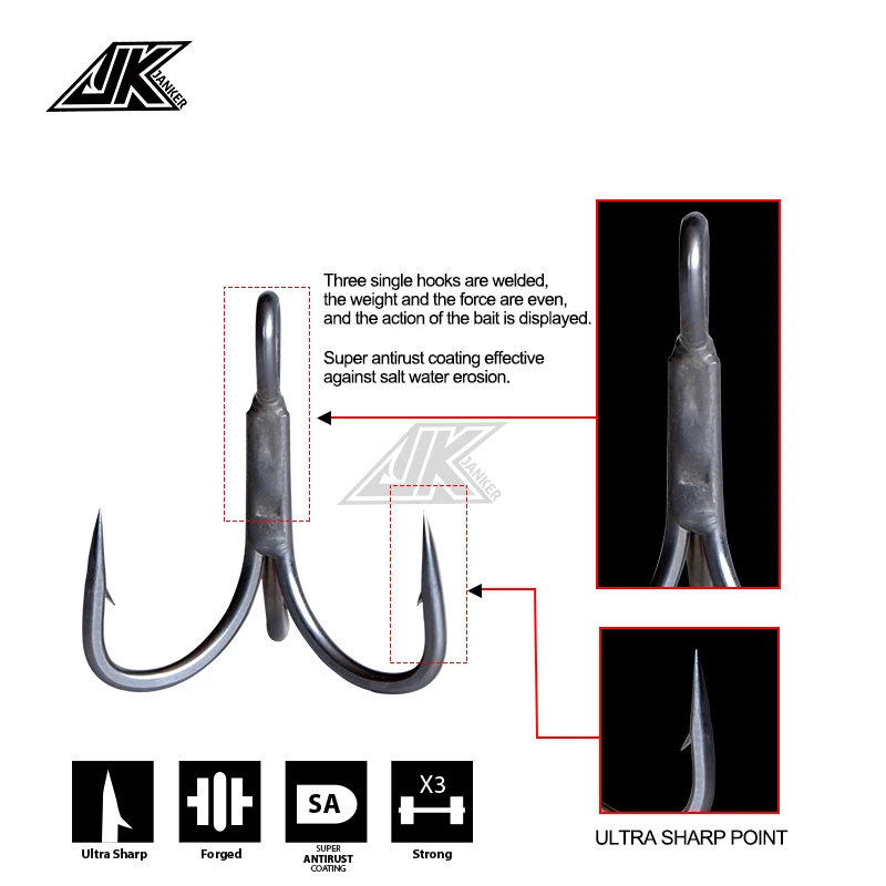 Anzuelos triples JK JS-37 gris 3X antioxidante para pesca marina - imagen 5