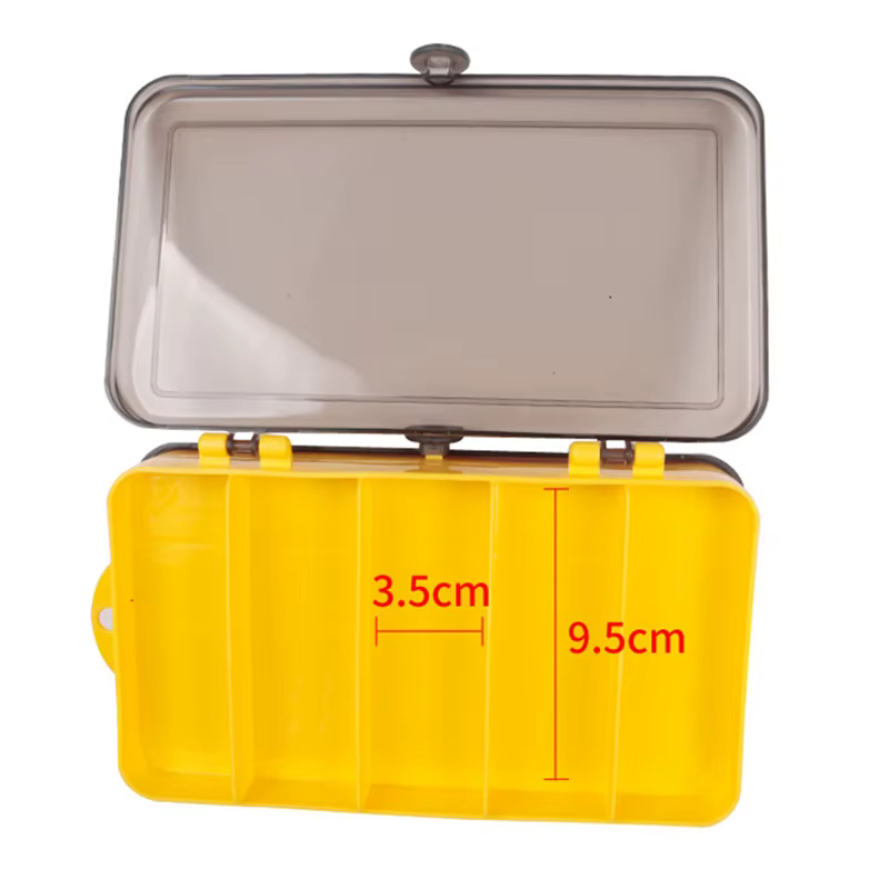 Caja de pesca abierta mostrando compartimentos