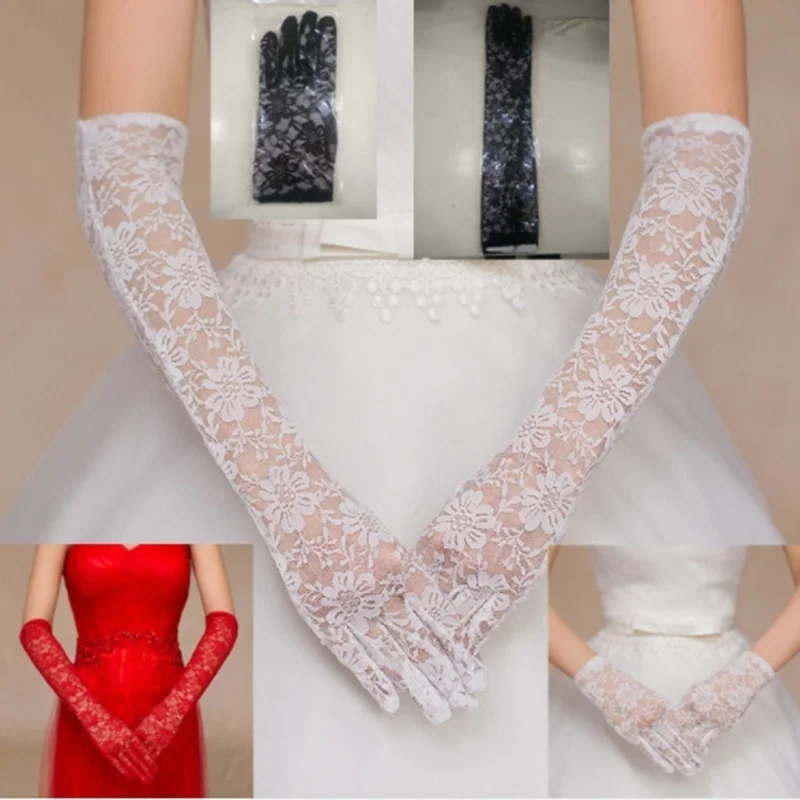 Guantes largos de encaje con perlas sin dedos para novia