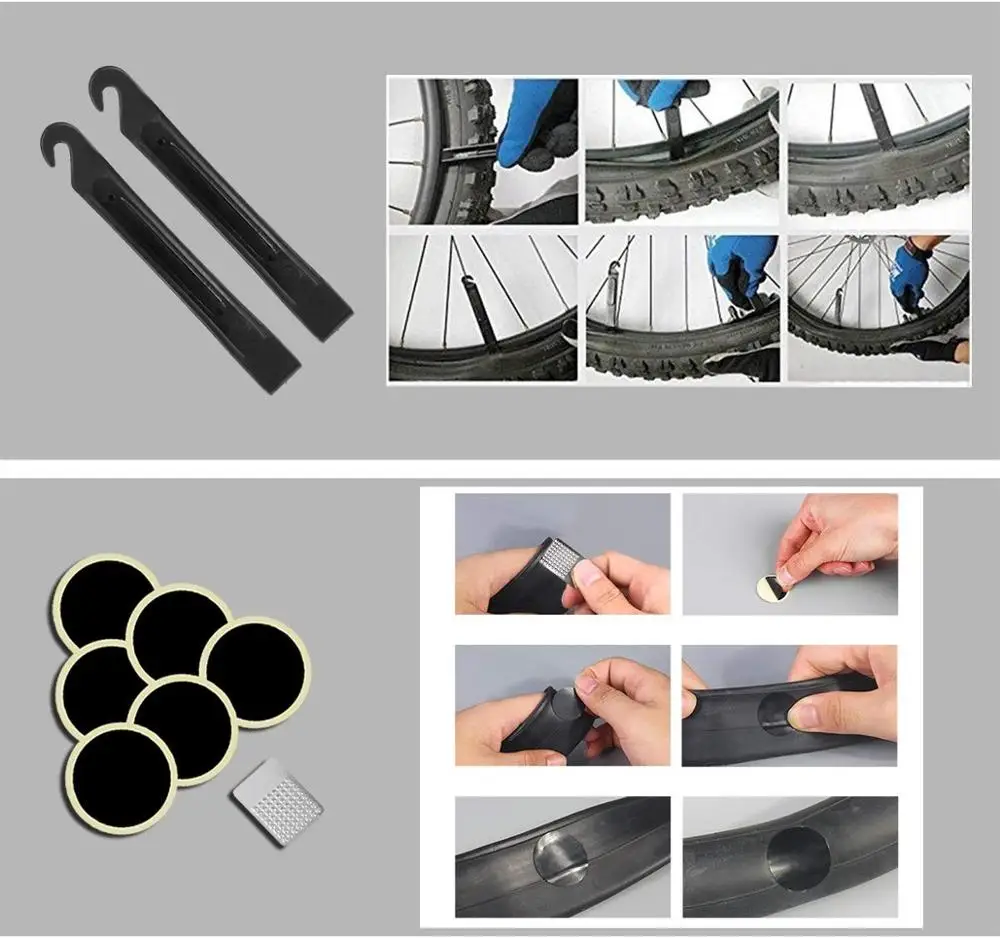 Vista del kit de reparación de neumáticos portátil para bicicleta