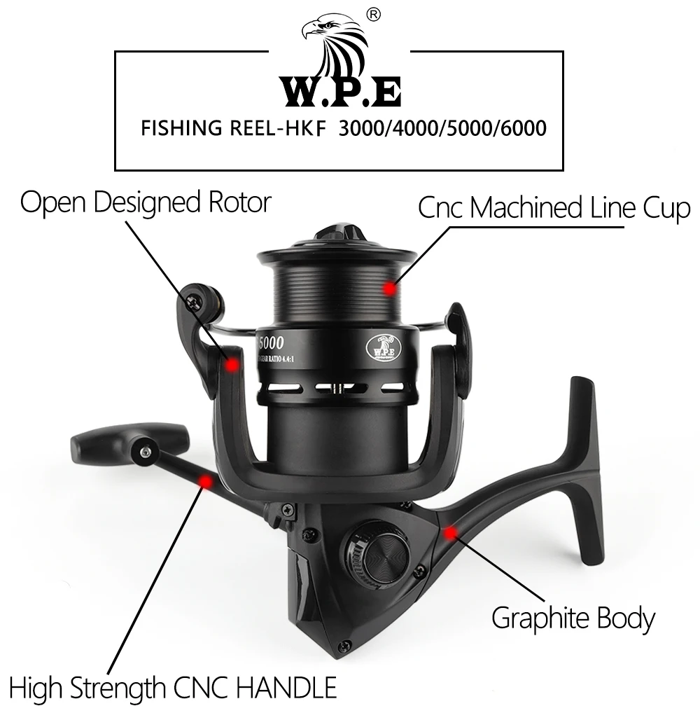 Vista lateral del carrete W.P.E HKF mostrando el cuerpo de grafito y la cubierta lateral