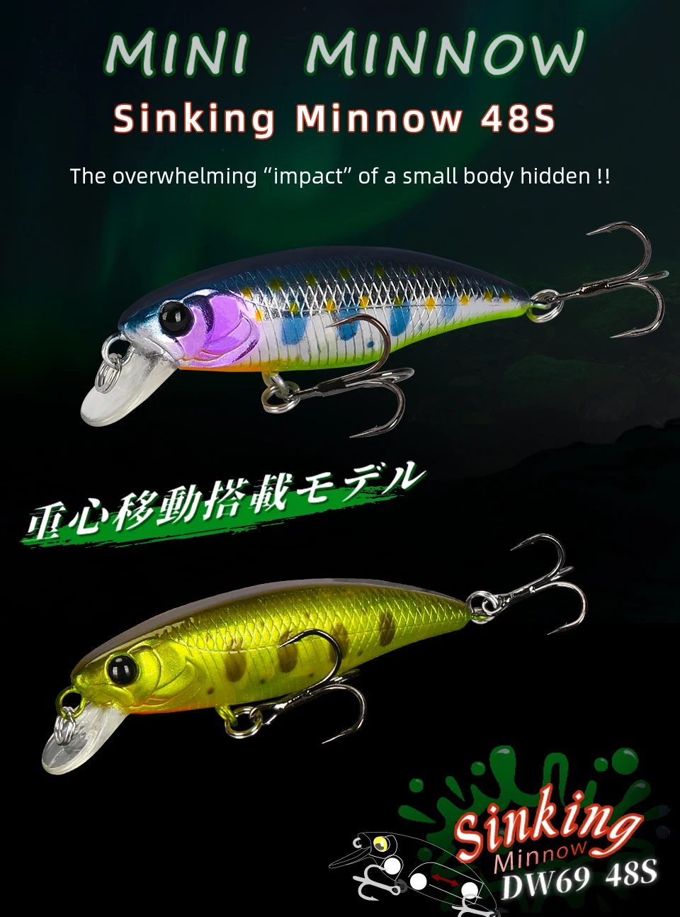 Señuelo de pesca TSURINOYA DW69 vistas frontal y lateral