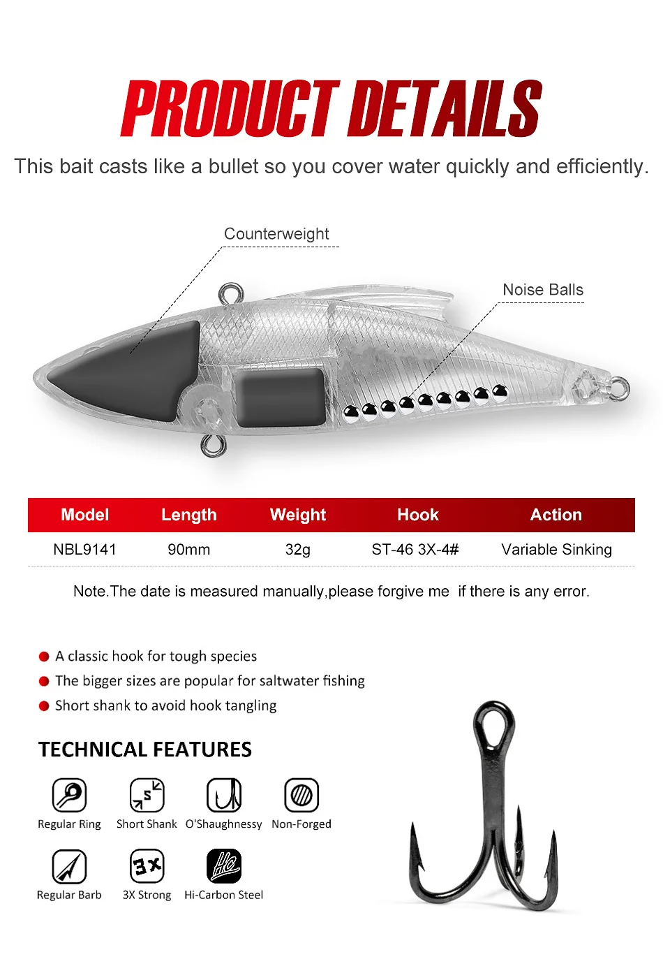 Detalle de los ganchos triples y la cámara interna del señuelo