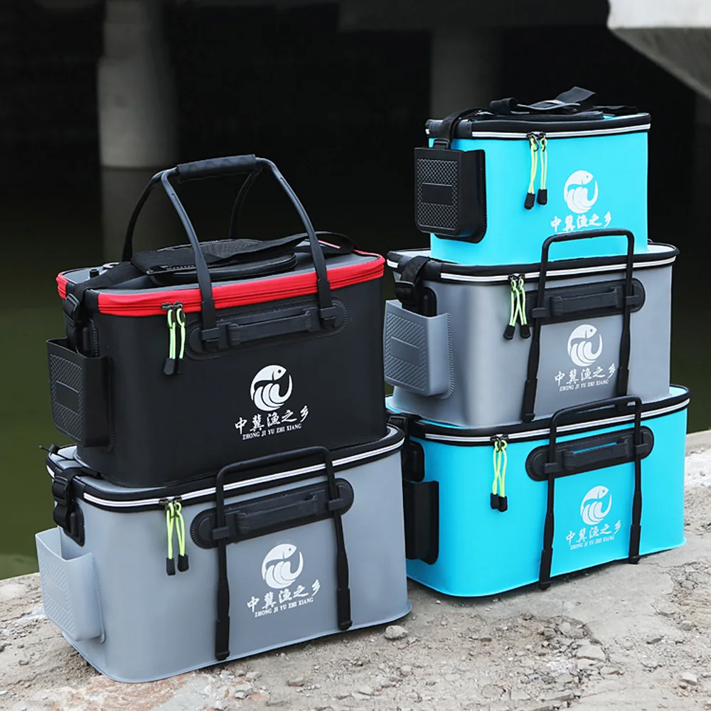 Detalle de la malla superior transpirable y cremallera del cubo de pesca