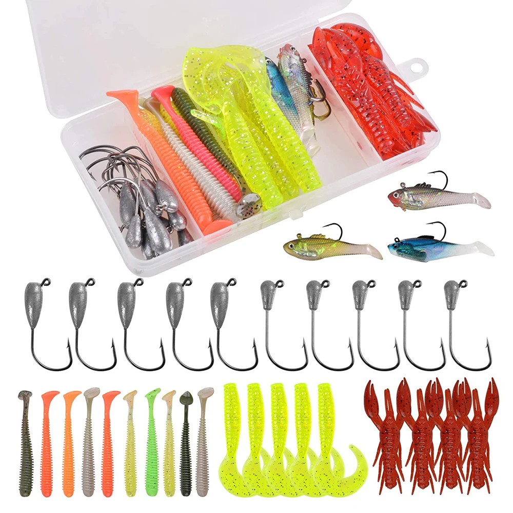 Caja de aparejos de pesca con señuelos blandos