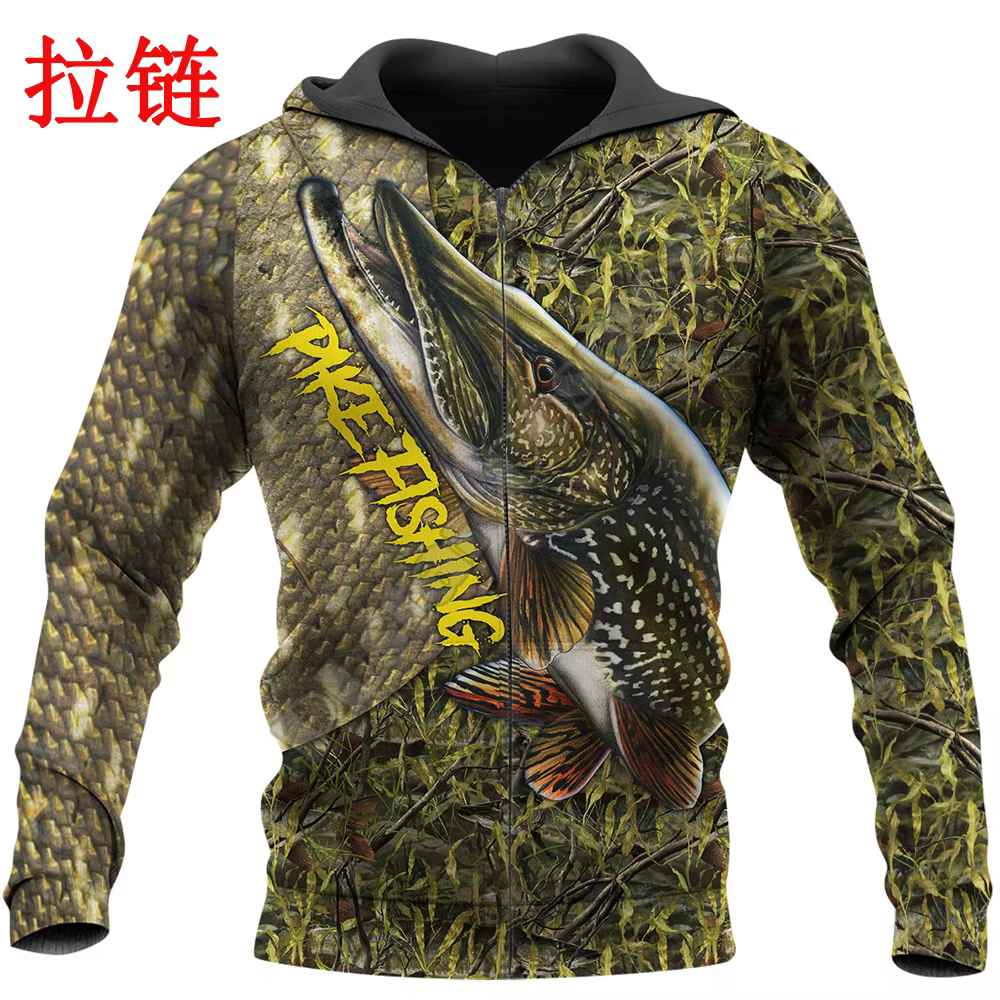 Sudadera con capucha arte 3D pesca del lucio – Unisex otoño - imagen 2