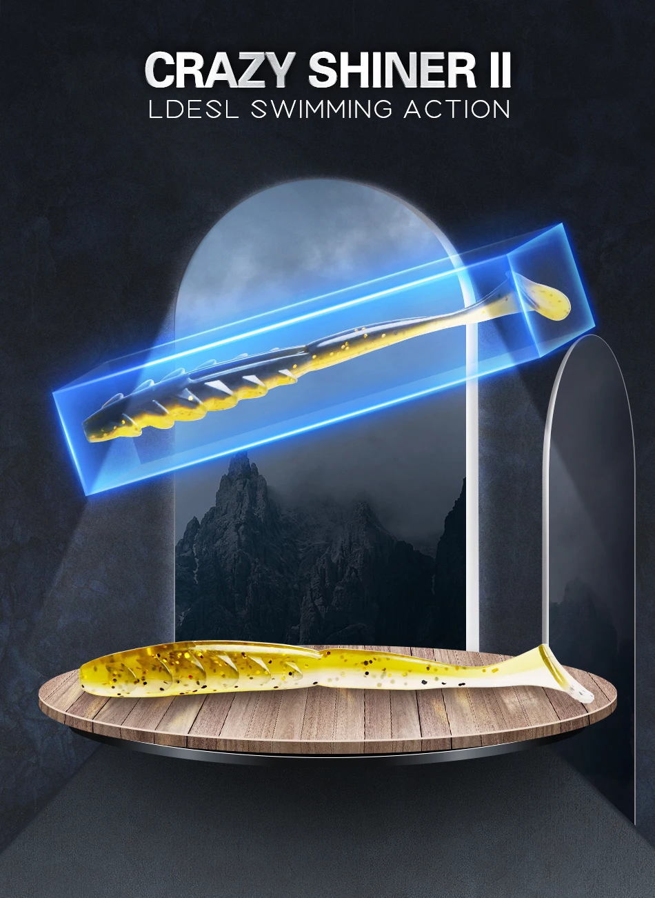 Señuelo Crazy Shiner II mostrando su forma de shad y cola en T