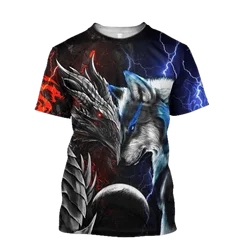 Camiseta de pesca estampado 3D dragón y lobo
