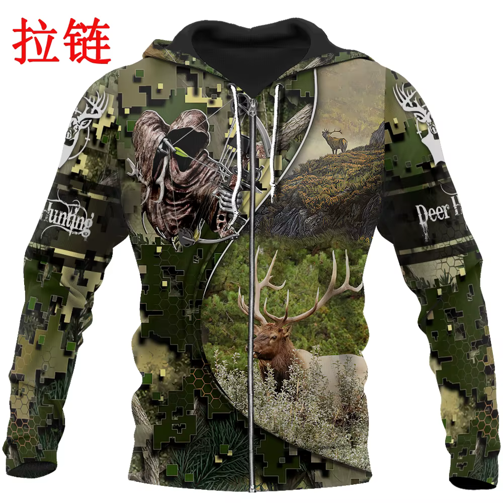 Dear Hunting Camo 3D Sudadera camuflaje con capucha – Cremallera para pesca - imagen 4