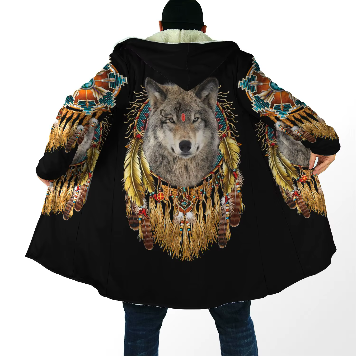 Abrigo invernal con capucha de lana y estampado tribal lobo - imagen 3