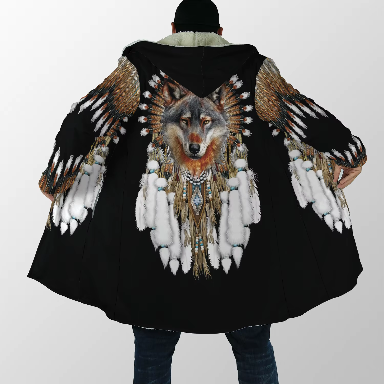Abrigo invernal con capucha de lana y estampado tribal lobo - imagen 5