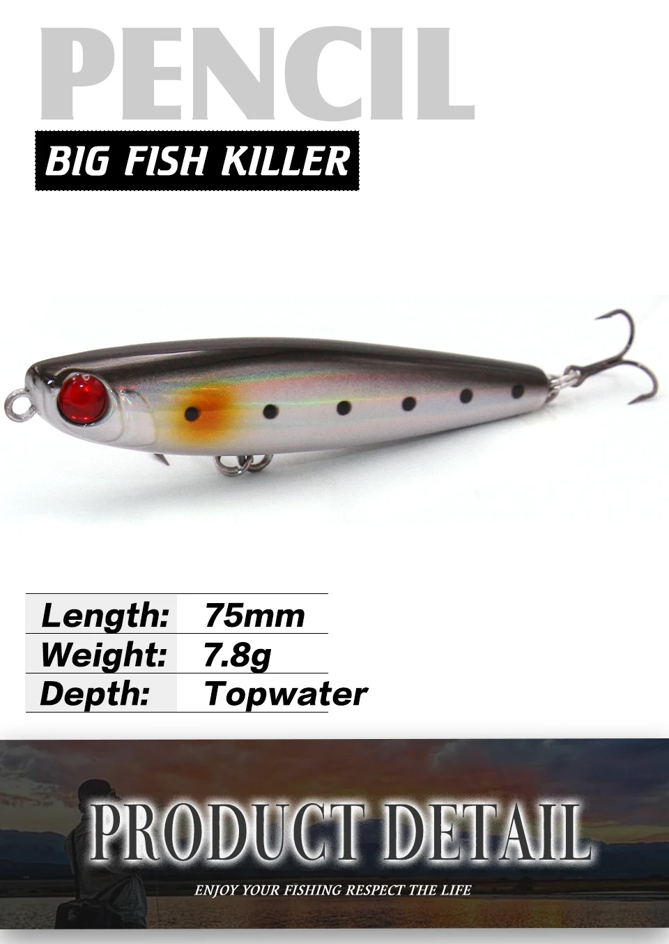 Vista general del señuelo Tacklepro PE05 con sus detalles de color y forma
